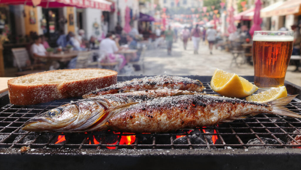 Authentic Portuguese grilled sardines (Sardinhas Assadas) at a street festival.