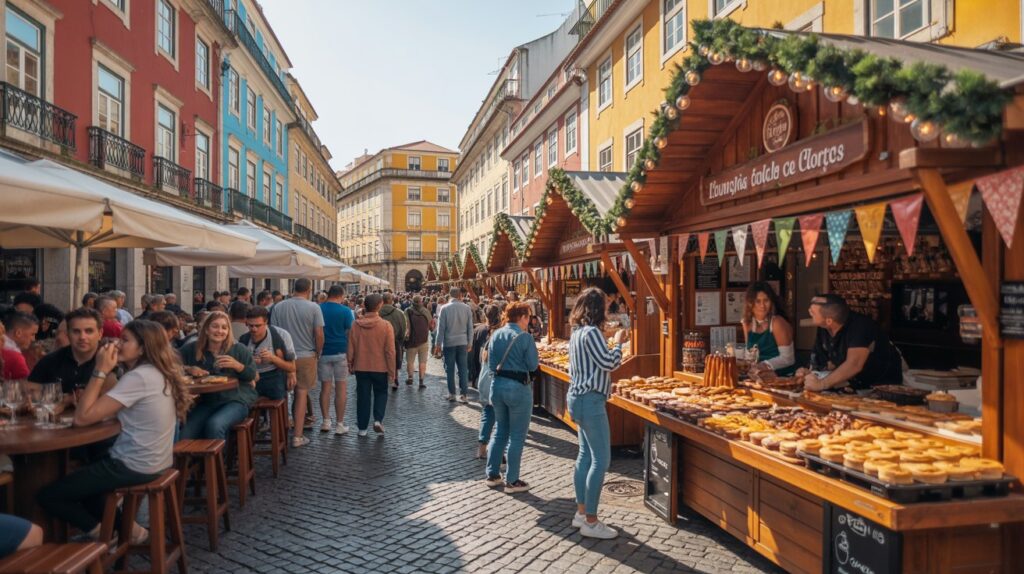 Busy Portuguese street food market with traditional wooden stalls and people