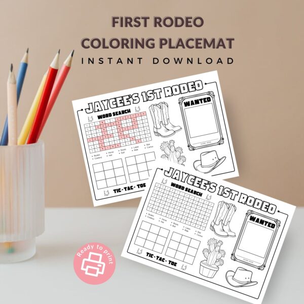 Cowgirl First Rodeo Coloring Placemat – A4 PDF Travel Activity for Kids
