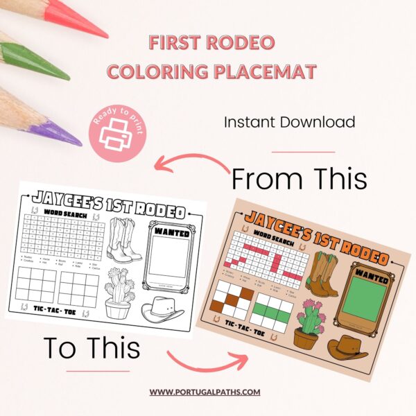 Cowgirl First Rodeo Coloring Placemat – A4 PDF Travel Activity for Kids - Image 3